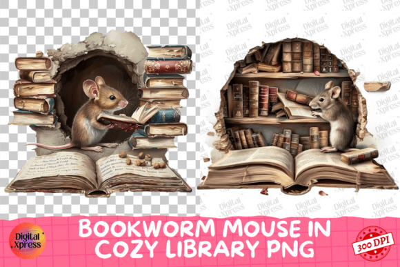 Download Bookworm Mouse in Cozy Library PNG - Library png Collection